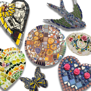 Mosaics from vintage china and mosaic tiles